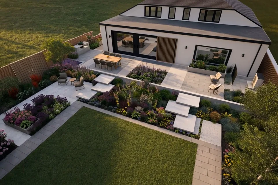 Modern family garden at golden hour