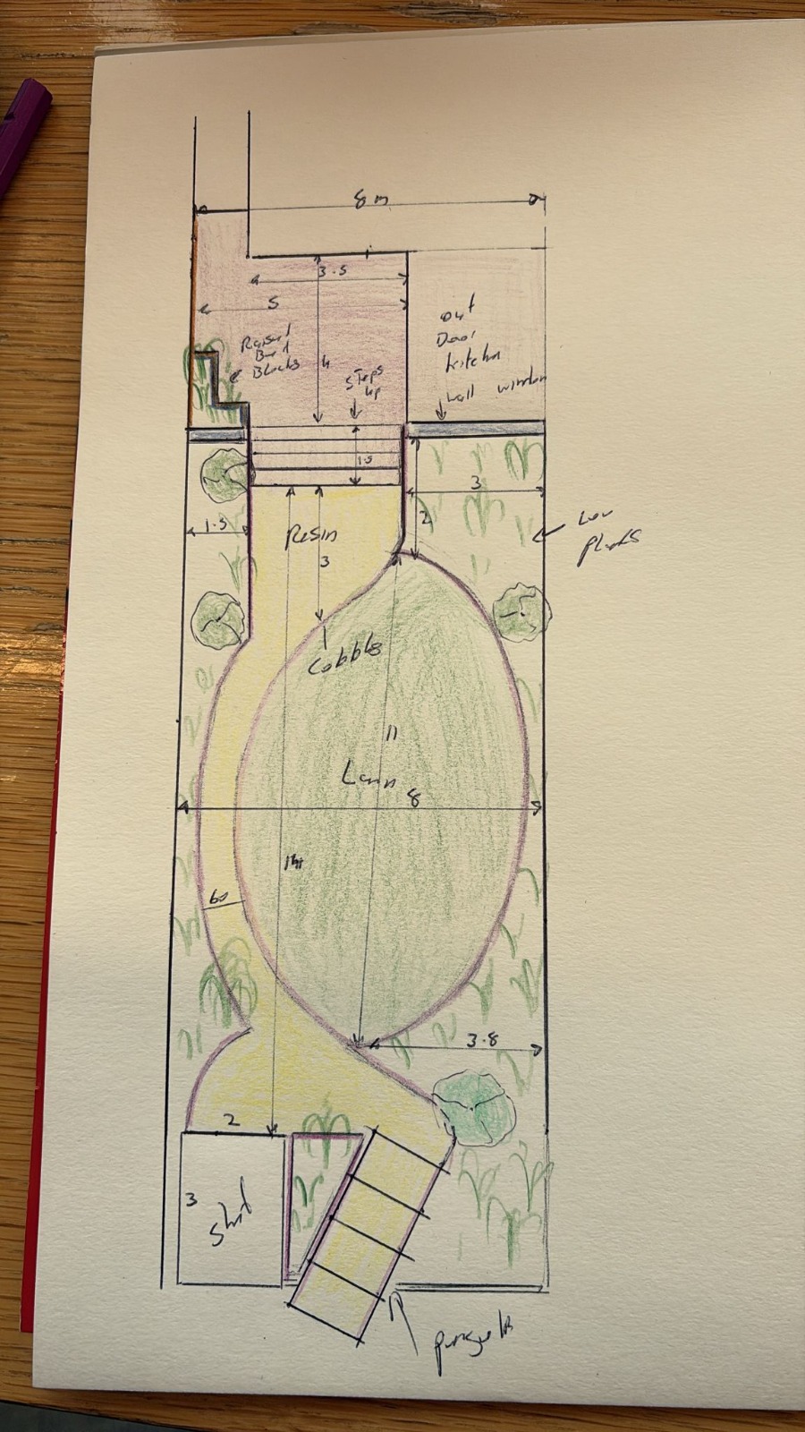 Hand-drawn garden design sketch with dimensions